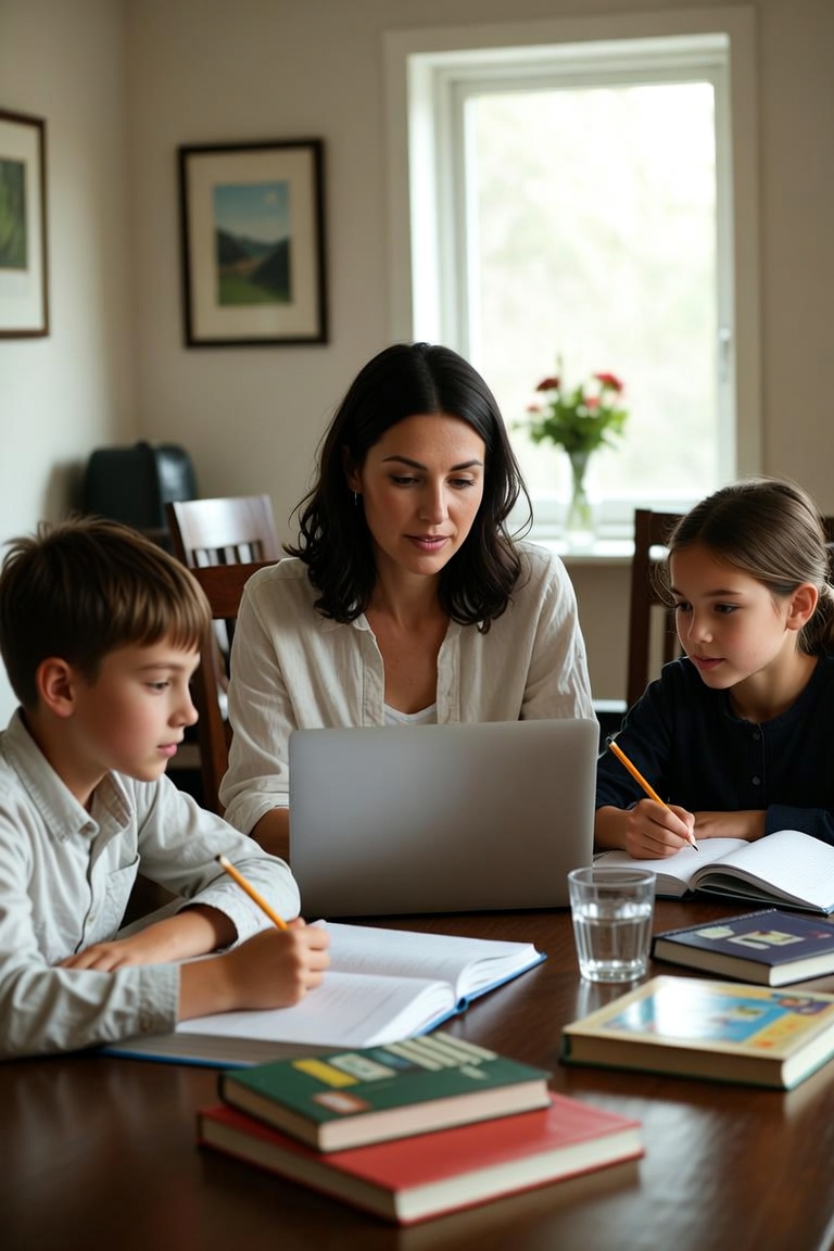 A mother homeschooling her two children at the kitchen table